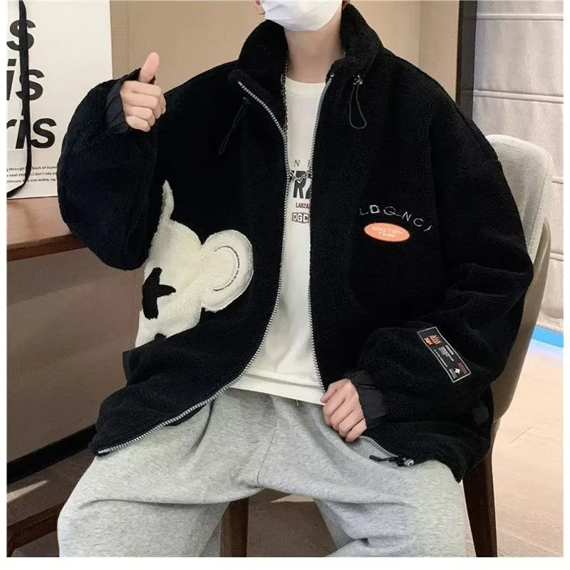 Lapel Collar Trendy Embroidery Harajuku Style Fleece Coat