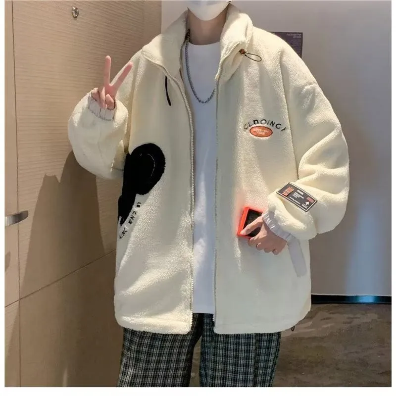 Lapel Collar Trendy Embroidery Harajuku Style Fleece Coat