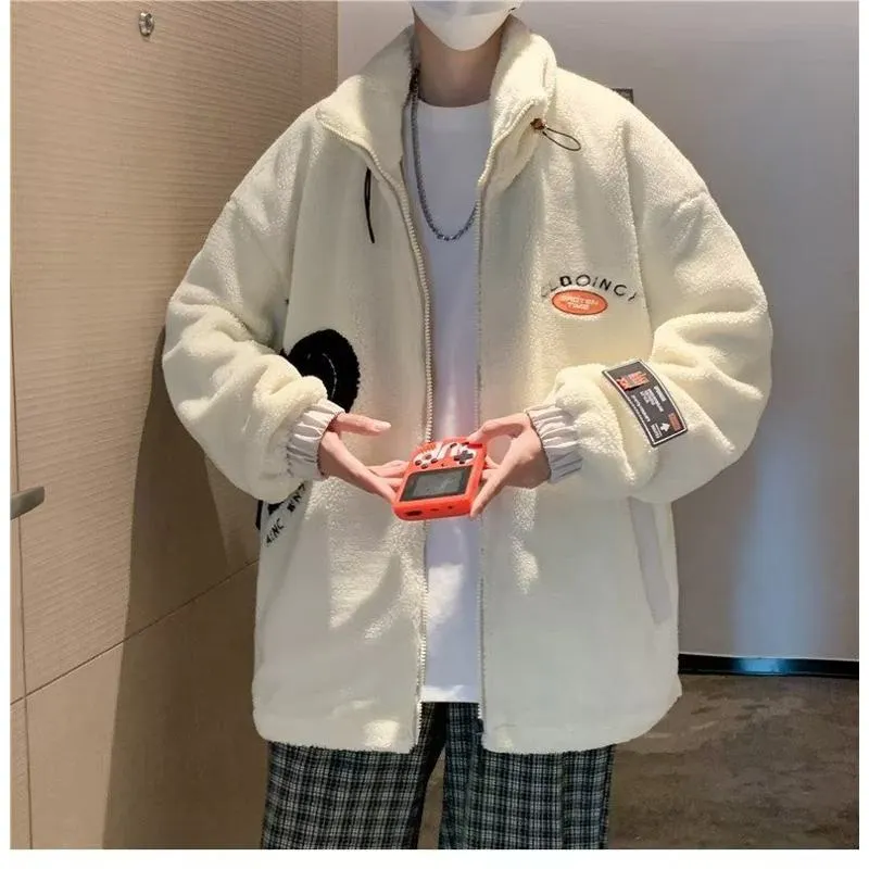 Lapel Collar Trendy Embroidery Harajuku Style Fleece Coat