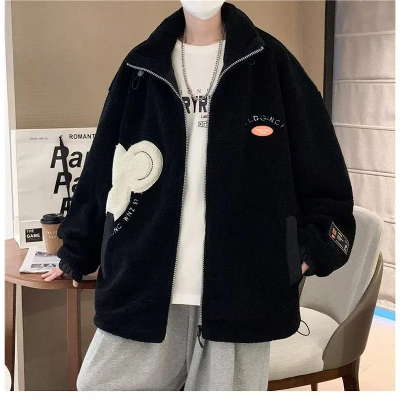 Lapel Collar Trendy Embroidery Harajuku Style Fleece Coat