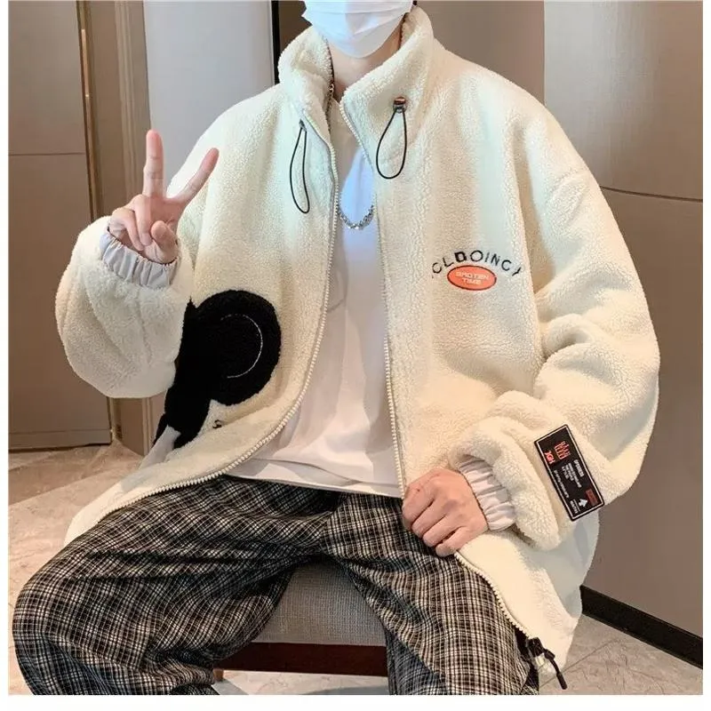 Lapel Collar Trendy Embroidery Harajuku Style Fleece Coat
