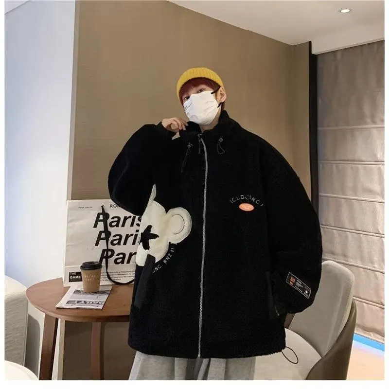 Lapel Collar Trendy Embroidery Harajuku Style Fleece Coat