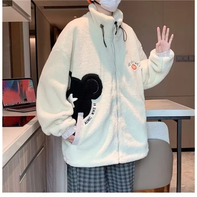 Lapel Collar Trendy Embroidery Harajuku Style Fleece Coat