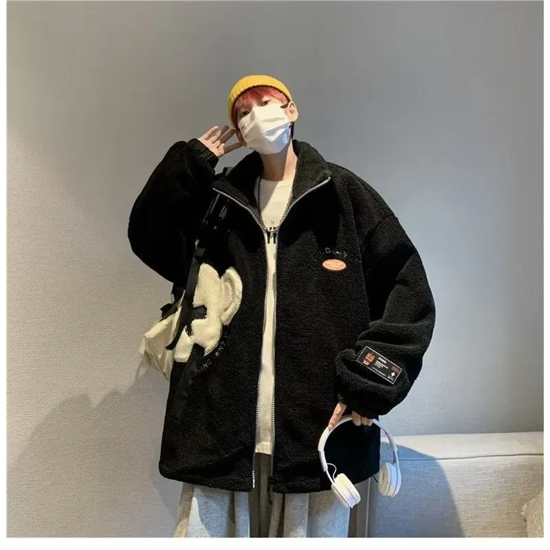 Lapel Collar Trendy Embroidery Harajuku Style Fleece Coat
