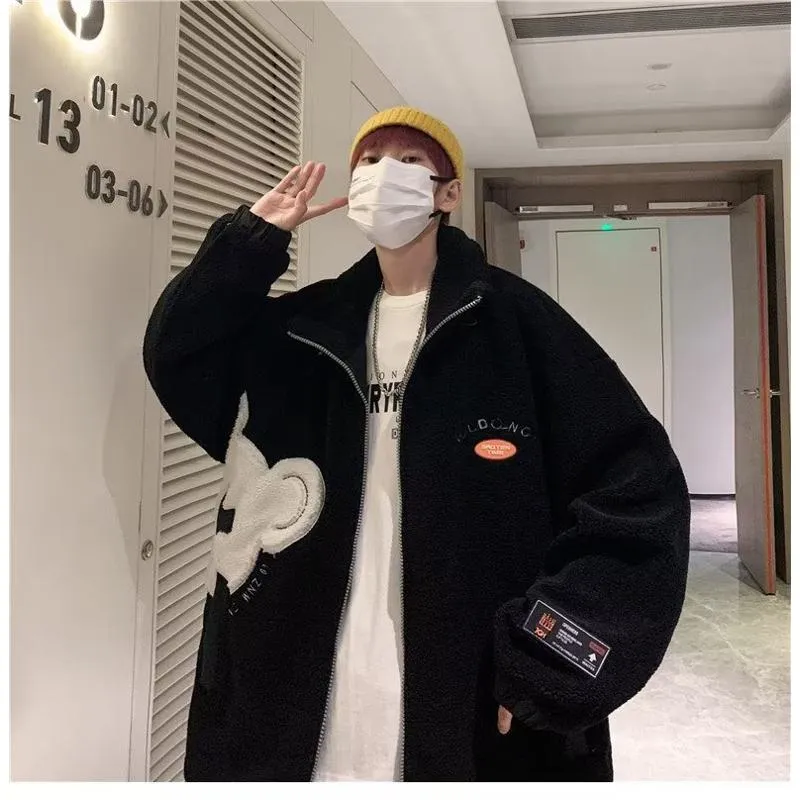 Lapel Collar Trendy Embroidery Harajuku Style Fleece Coat