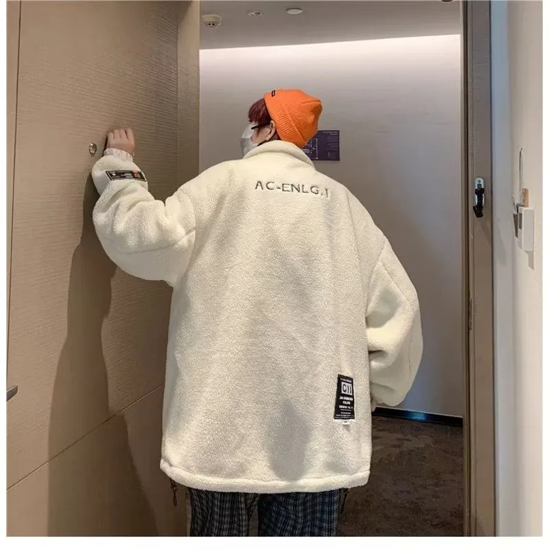 Lapel Collar Trendy Embroidery Harajuku Style Fleece Coat