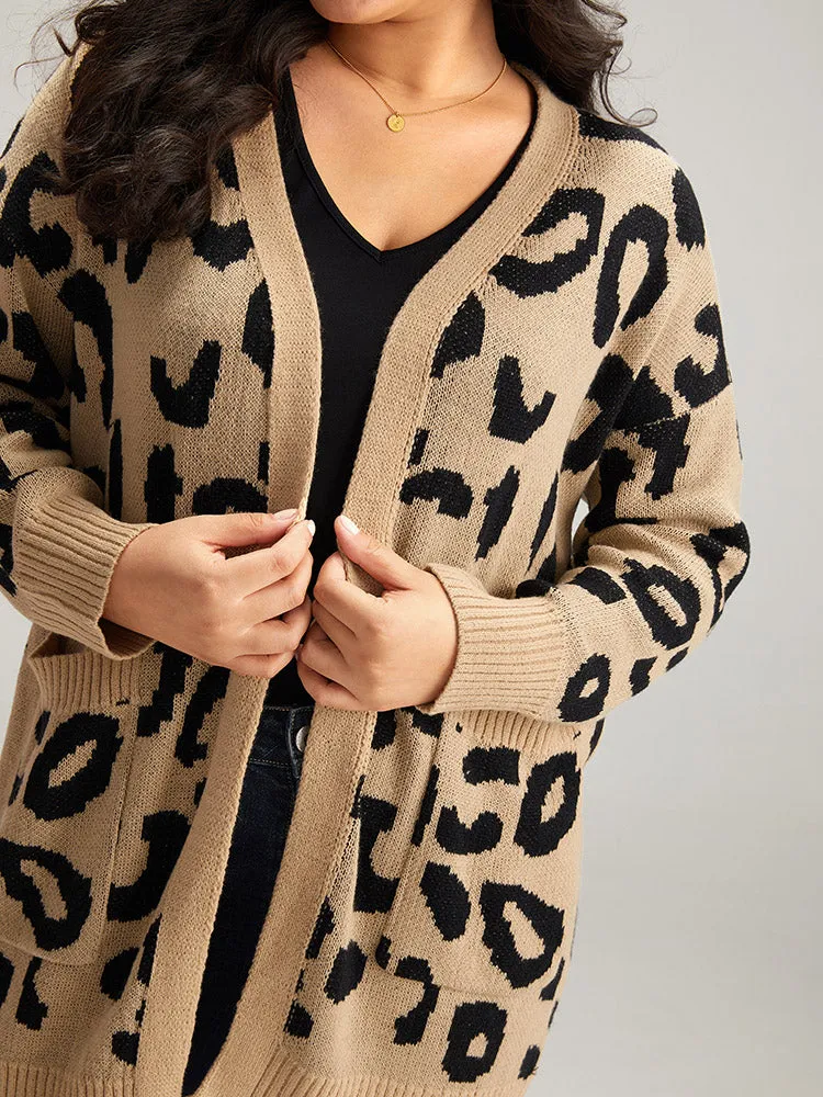 Leopard Elastic Cuffs Drop Shoulder Cardigan