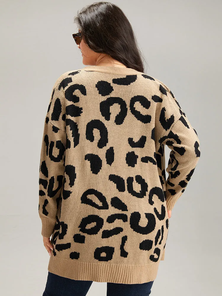 Leopard Elastic Cuffs Drop Shoulder Cardigan