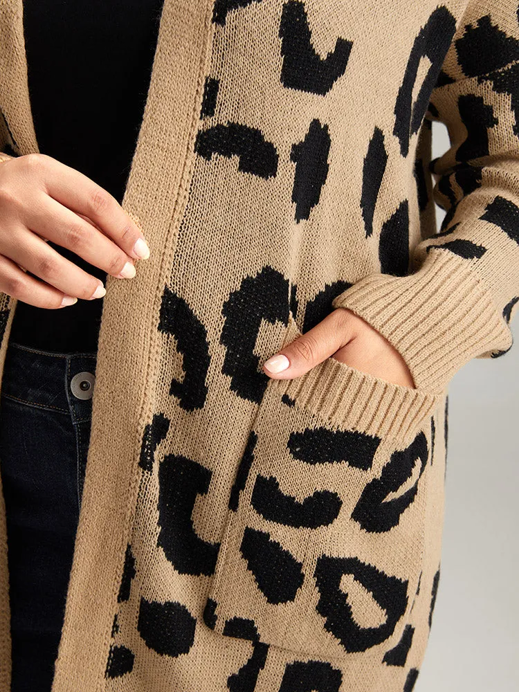 Leopard Elastic Cuffs Drop Shoulder Cardigan