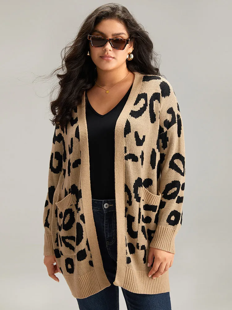 Leopard Elastic Cuffs Drop Shoulder Cardigan