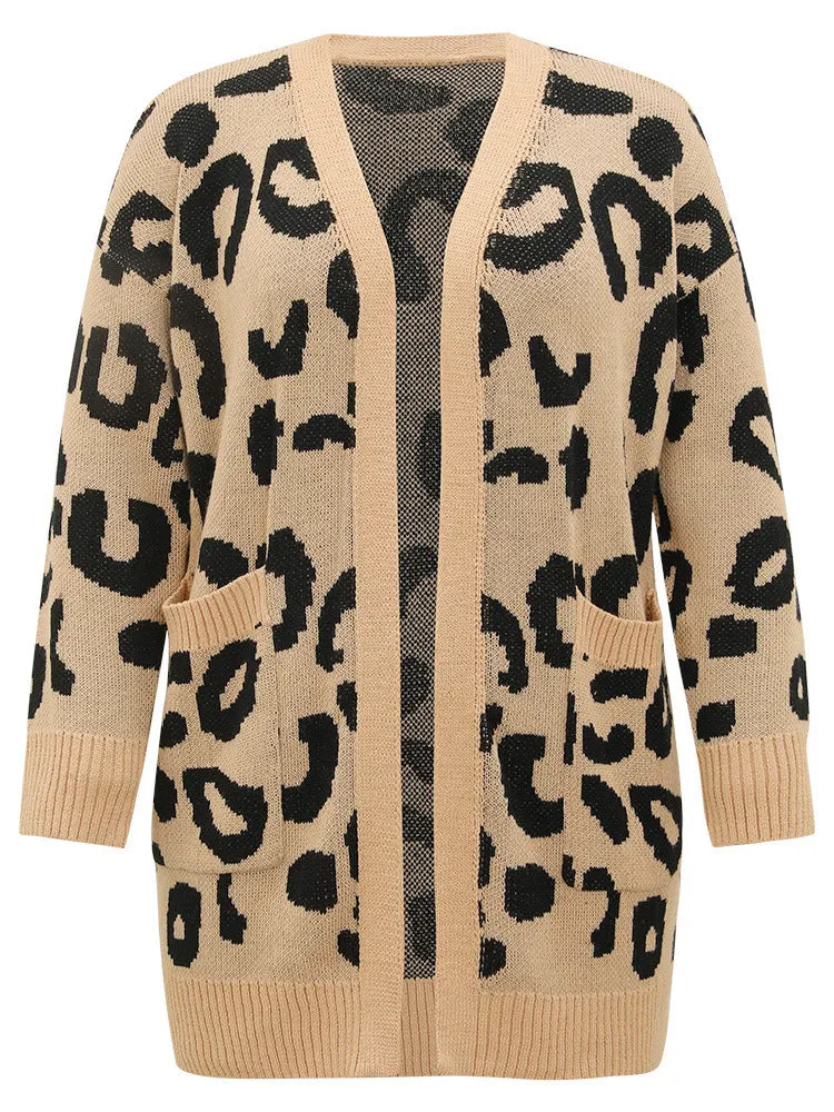 Leopard Elastic Cuffs Drop Shoulder Cardigan