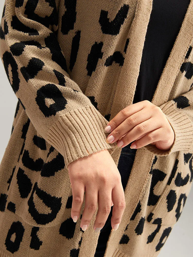 Leopard Elastic Cuffs Drop Shoulder Cardigan