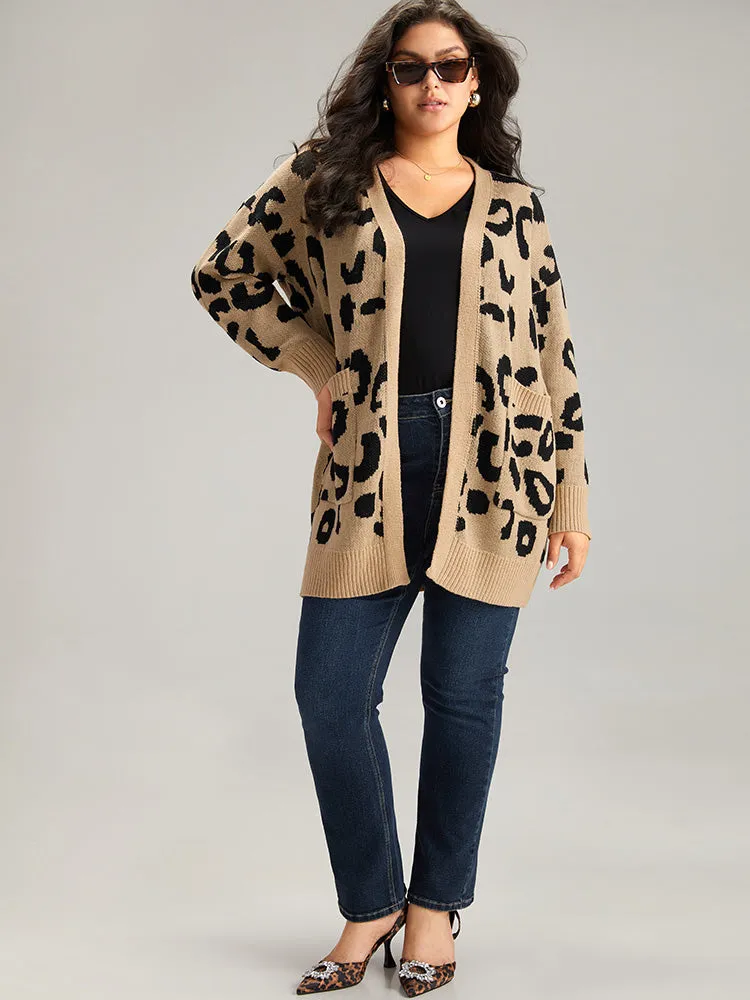 Leopard Elastic Cuffs Drop Shoulder Cardigan