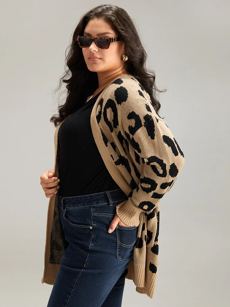 Leopard Elastic Cuffs Drop Shoulder Cardigan