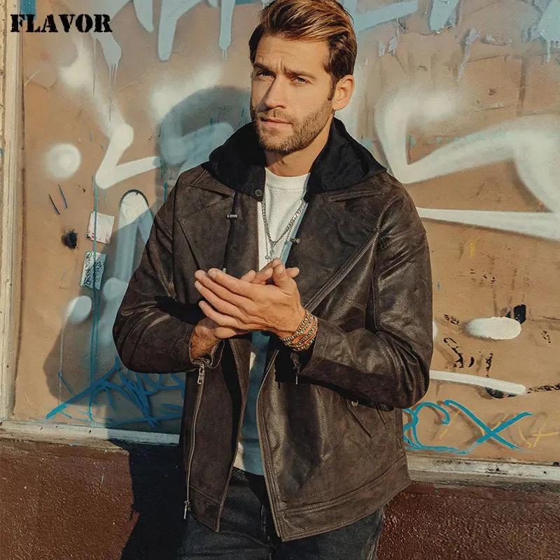 Men's Warm Leather Jacket with Removable Hood