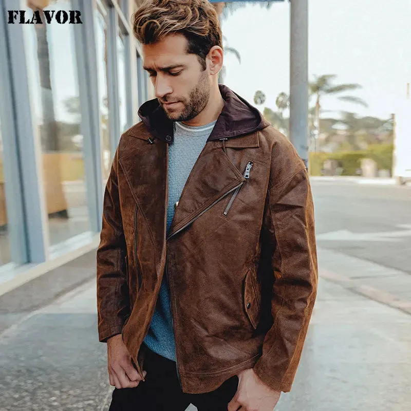 Men's Warm Leather Jacket with Removable Hood