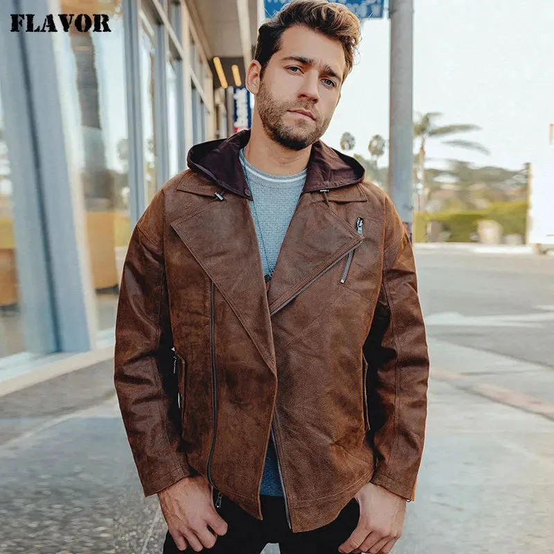 Men's Warm Leather Jacket with Removable Hood