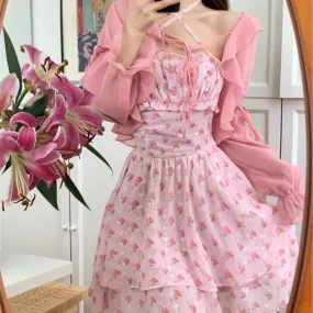 Party of Perfumed Roses    Dress and Cardigan Top Set Kawaii Academia Y2K Cottagecore Coquette Fairycore Dollette Princesscore