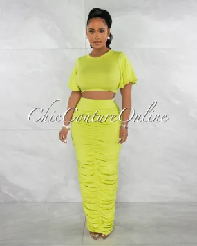 *Pharia Neon Green Crop Top & Ruched Maxi Skirt Set