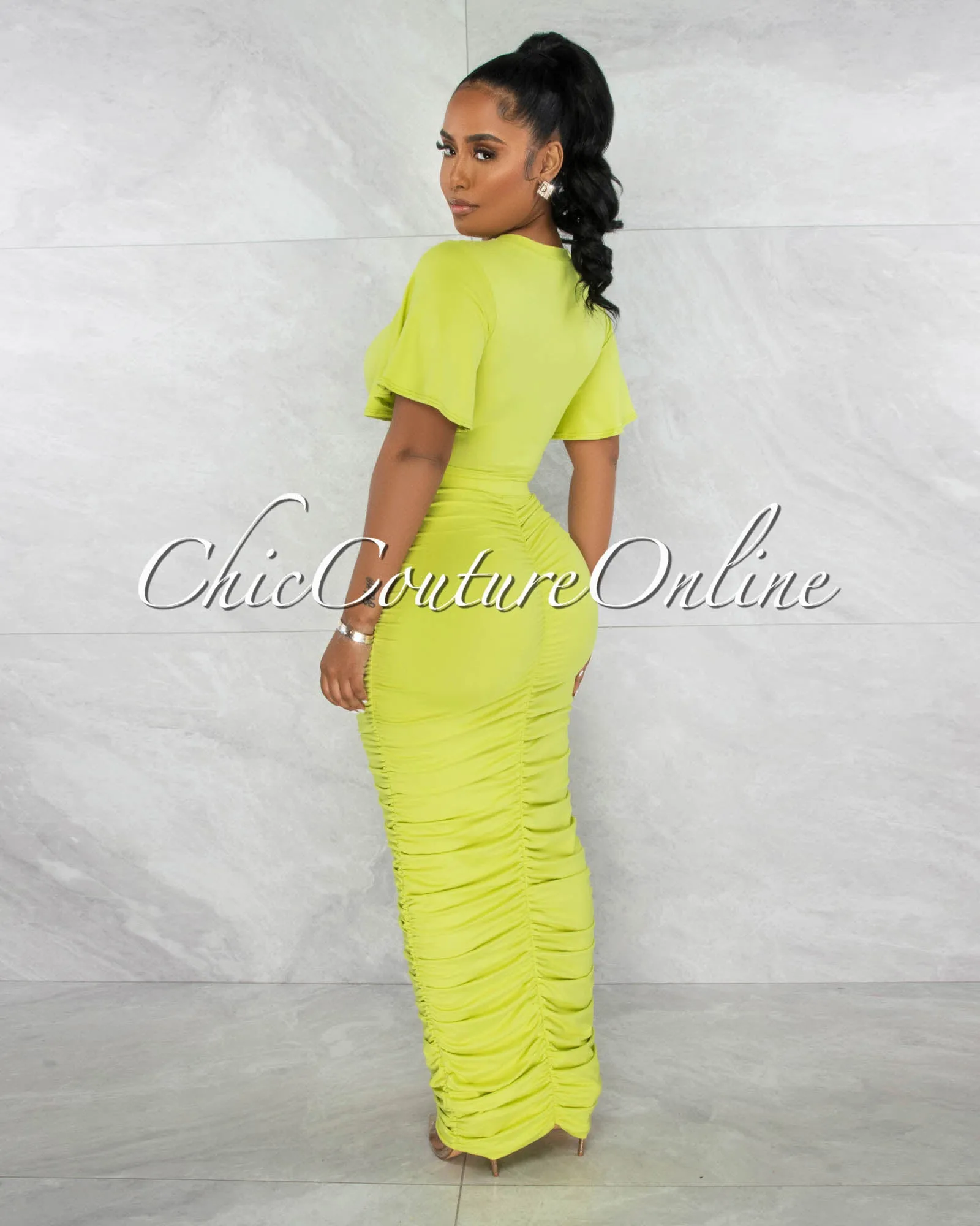 *Pharia Neon Green Crop Top & Ruched Maxi Skirt Set