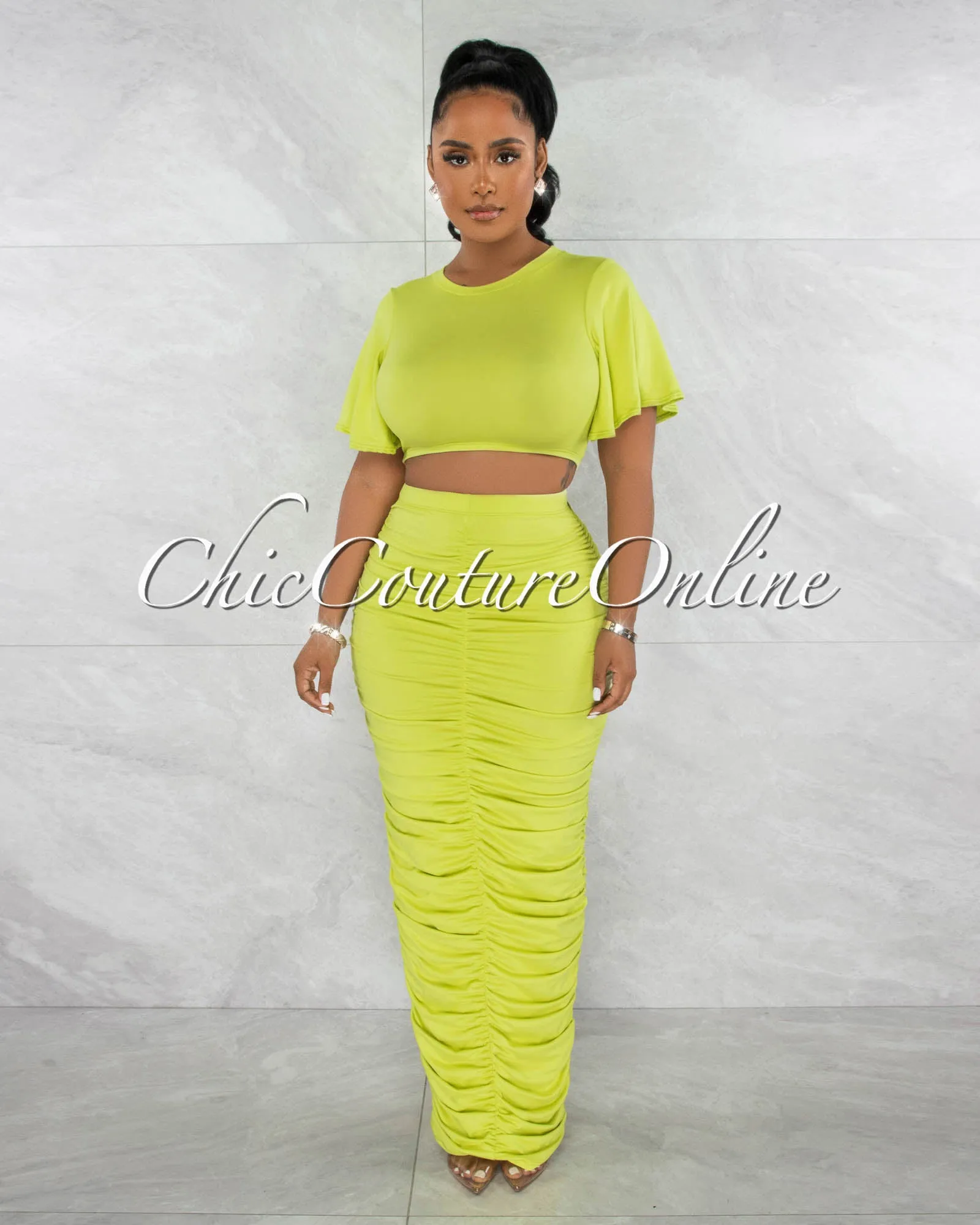 *Pharia Neon Green Crop Top & Ruched Maxi Skirt Set