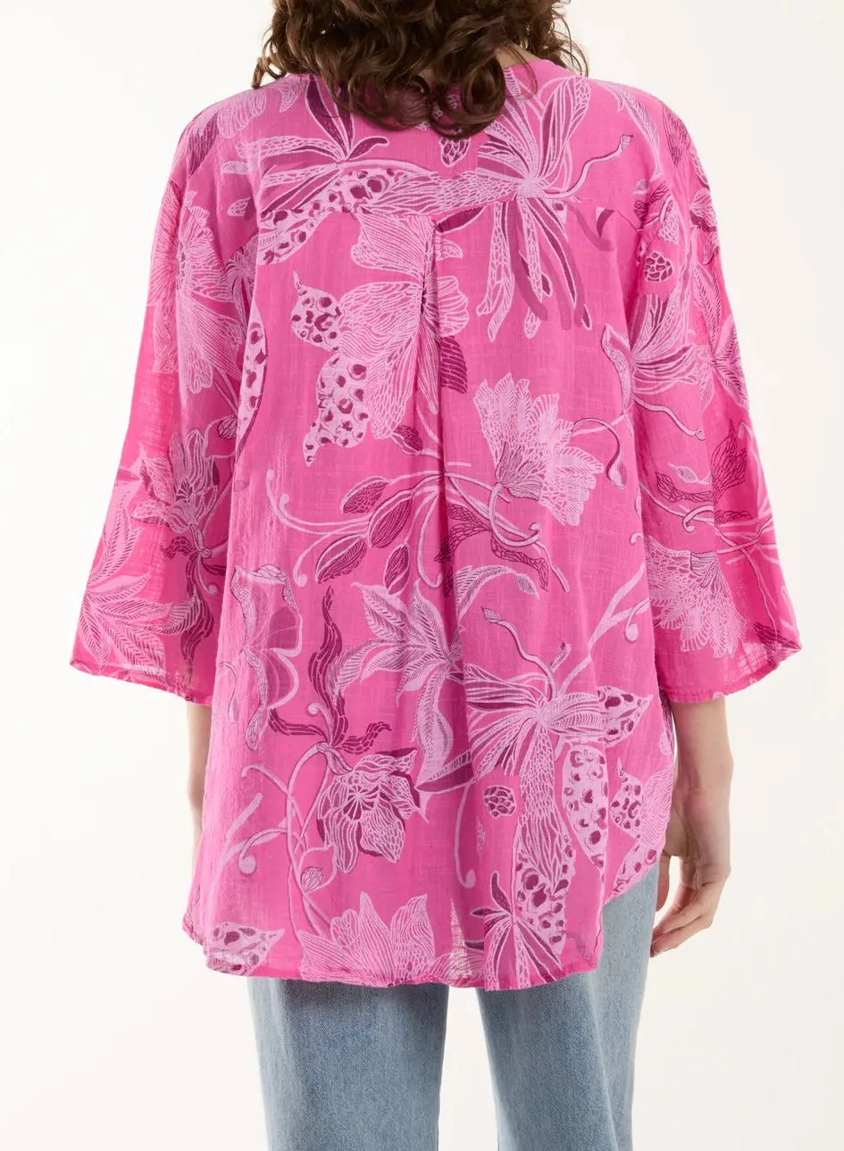 Pink Botanical Flower Print Cotton Button Detail Tunic Style Top