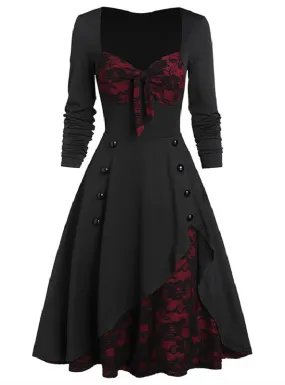 Retro Lace Stitching Button Long Sleeve Dress