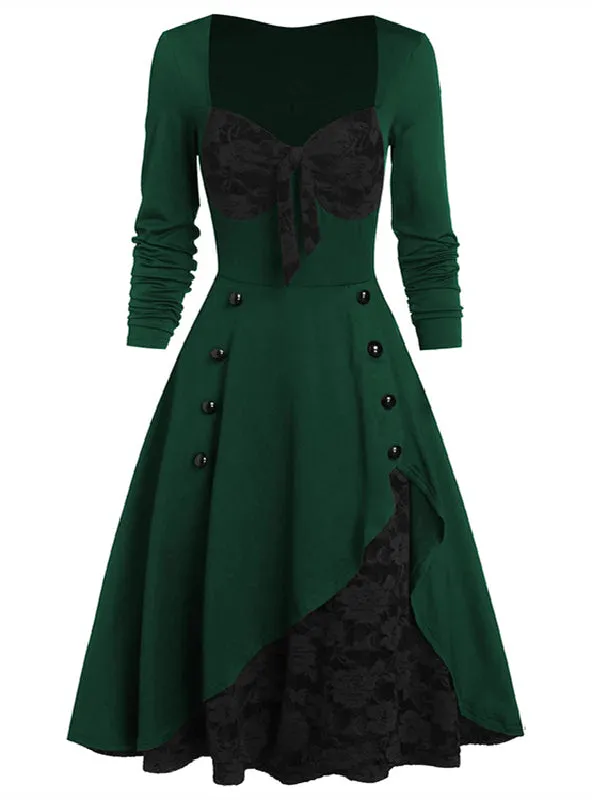 Retro Lace Stitching Button Long Sleeve Dress