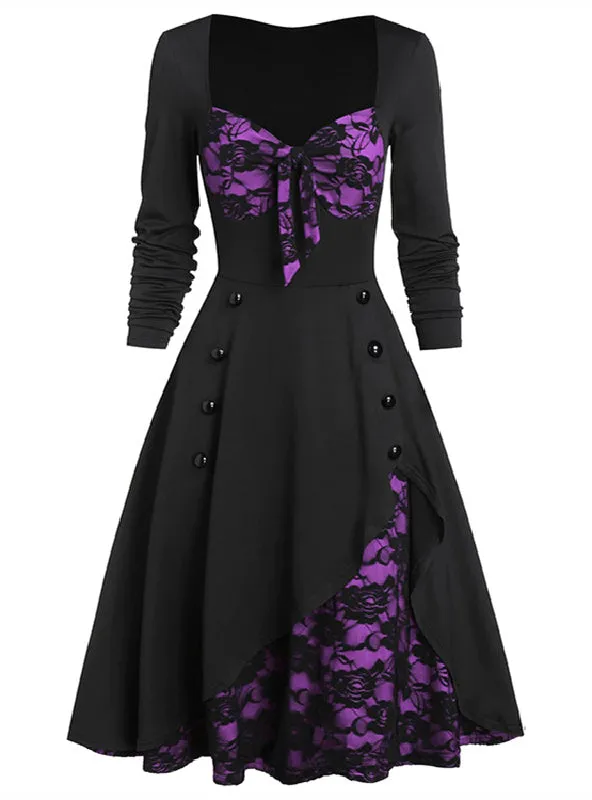 Retro Lace Stitching Button Long Sleeve Dress