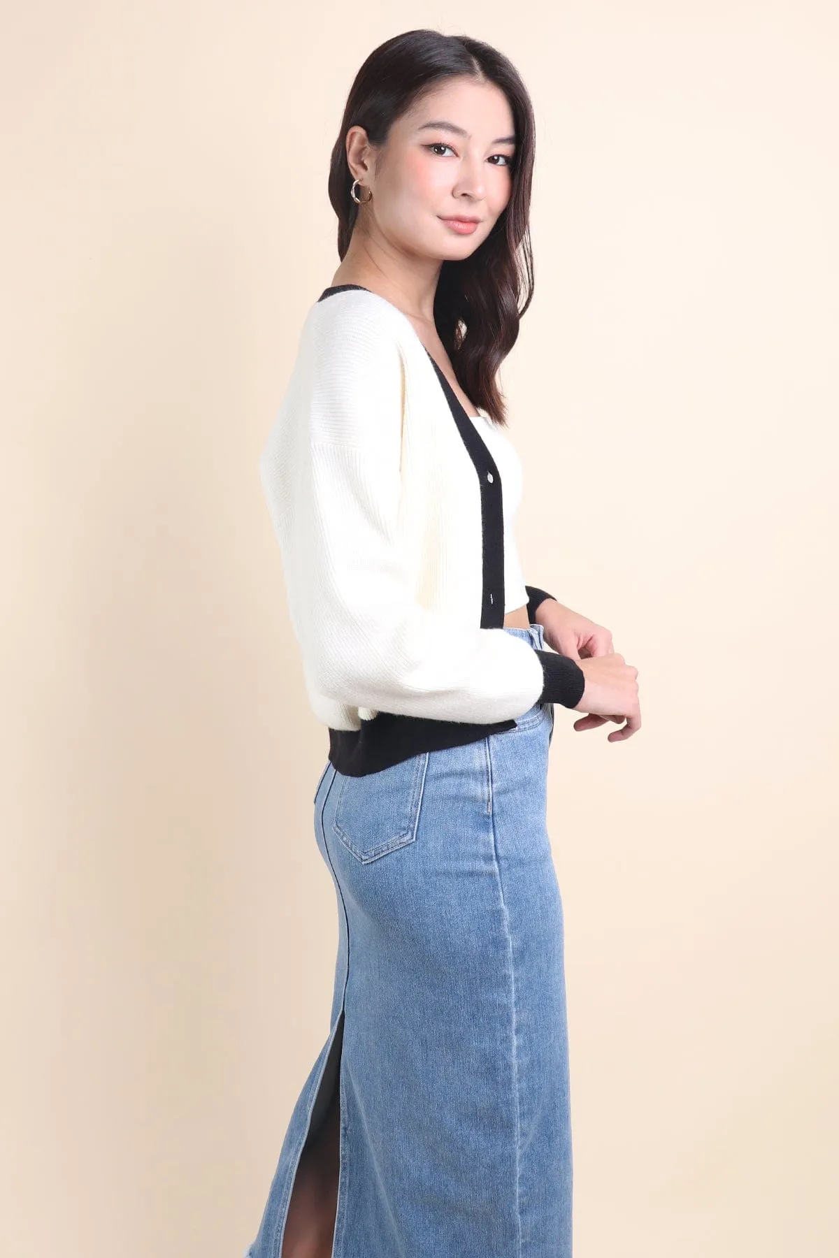 REVERIE CONTRAST PULLOVER CARDIGAN IN CREAM