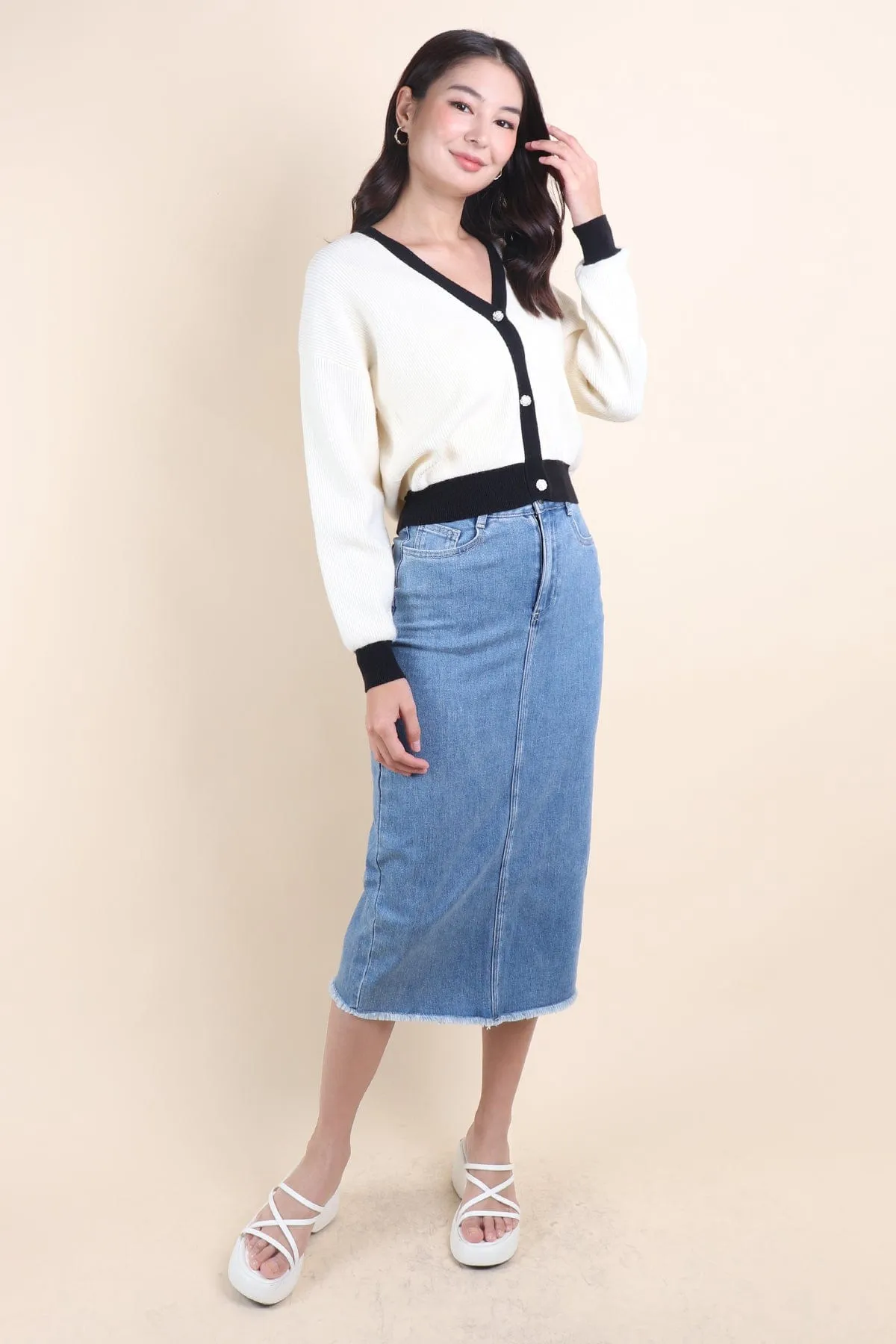 REVERIE CONTRAST PULLOVER CARDIGAN IN CREAM