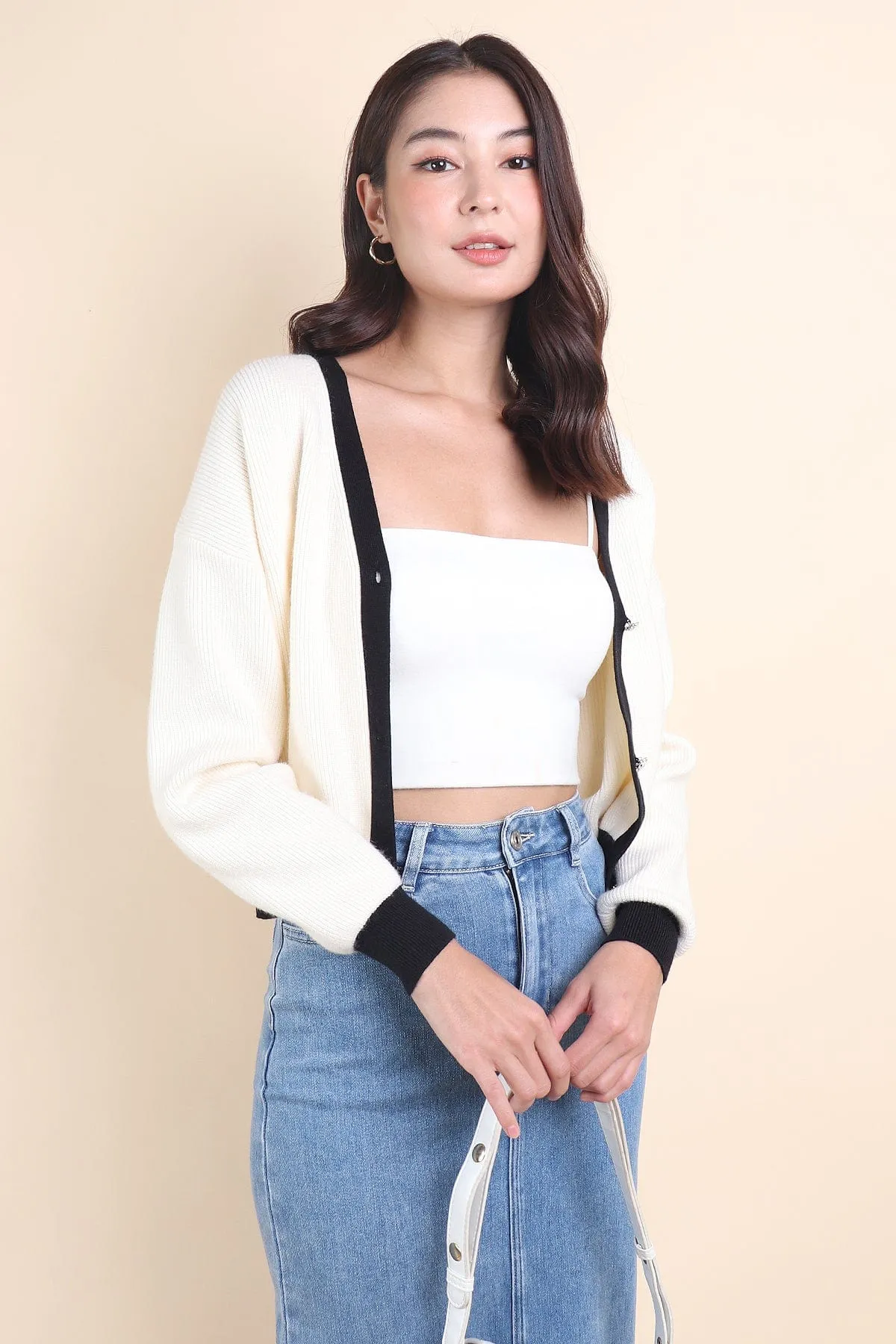 REVERIE CONTRAST PULLOVER CARDIGAN IN CREAM