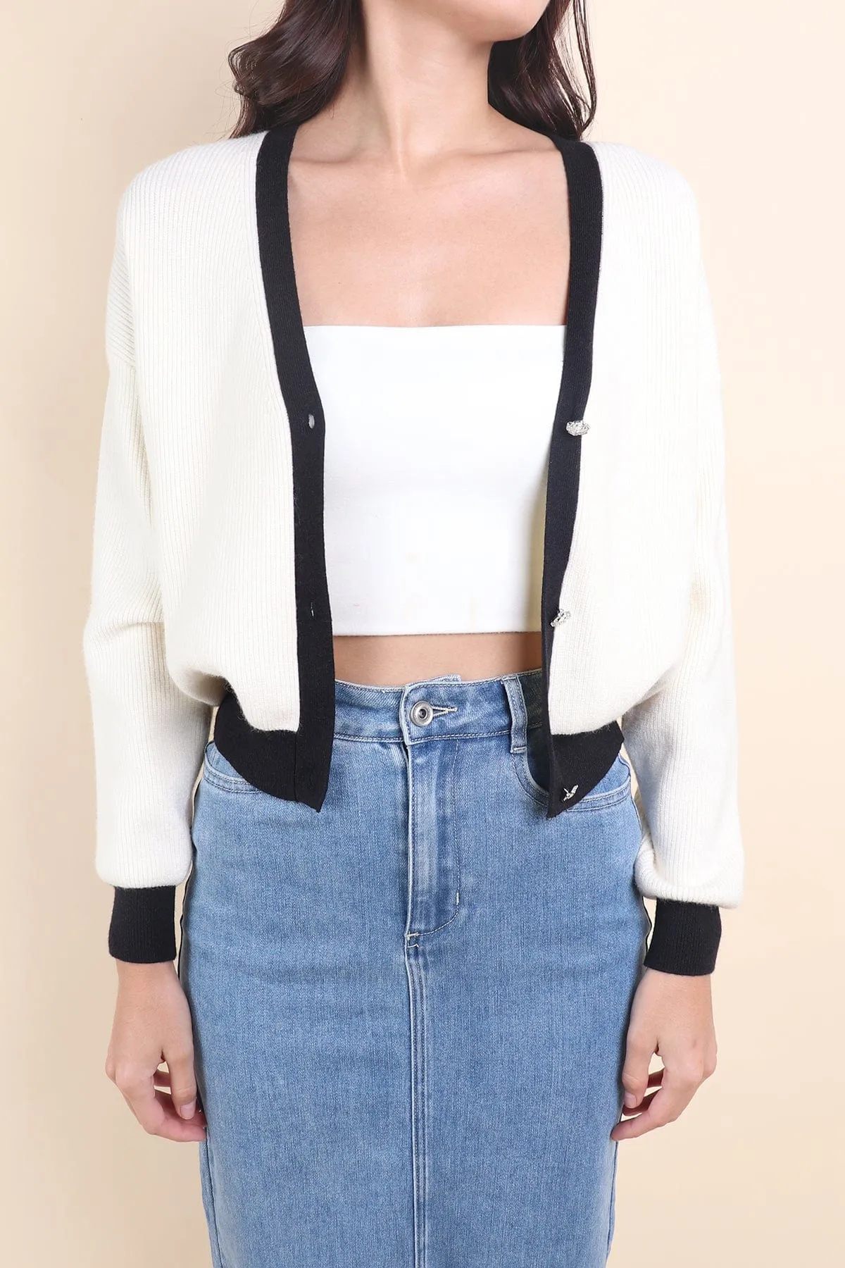 REVERIE CONTRAST PULLOVER CARDIGAN IN CREAM