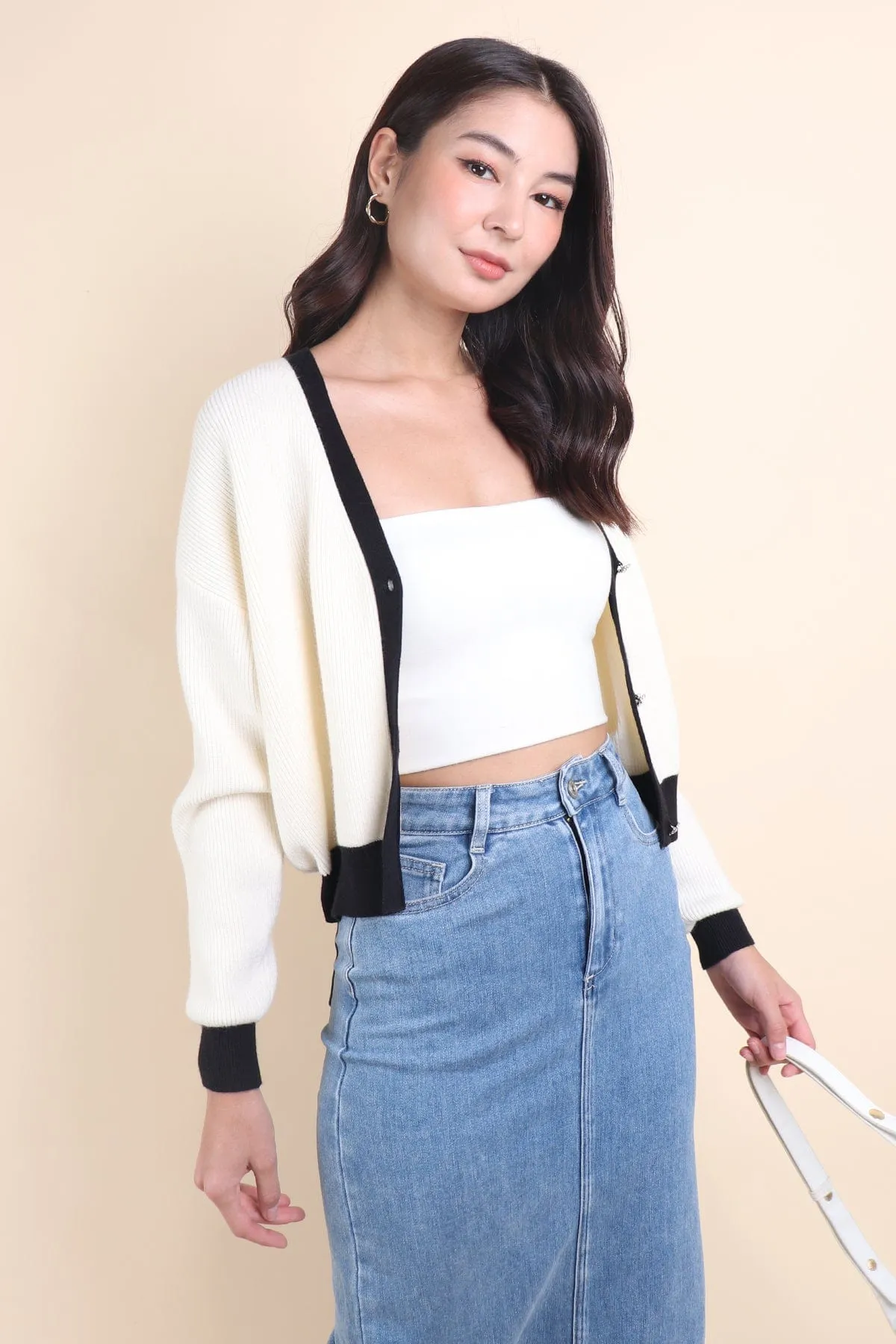 REVERIE CONTRAST PULLOVER CARDIGAN IN CREAM