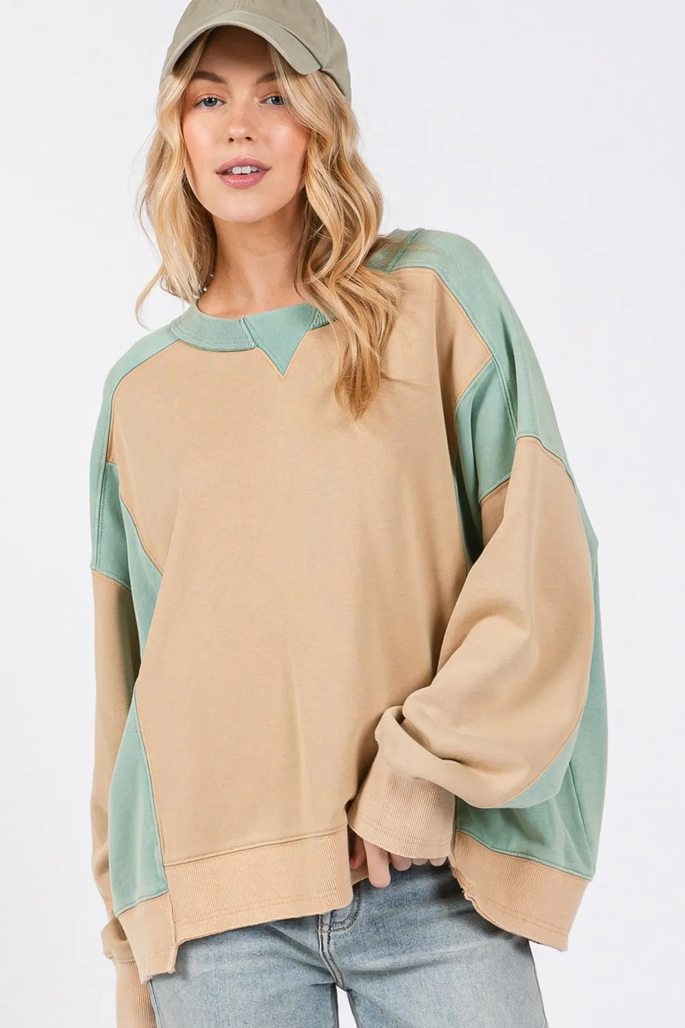 SAGE   FIG Color Block Round Neck Sweatshirt