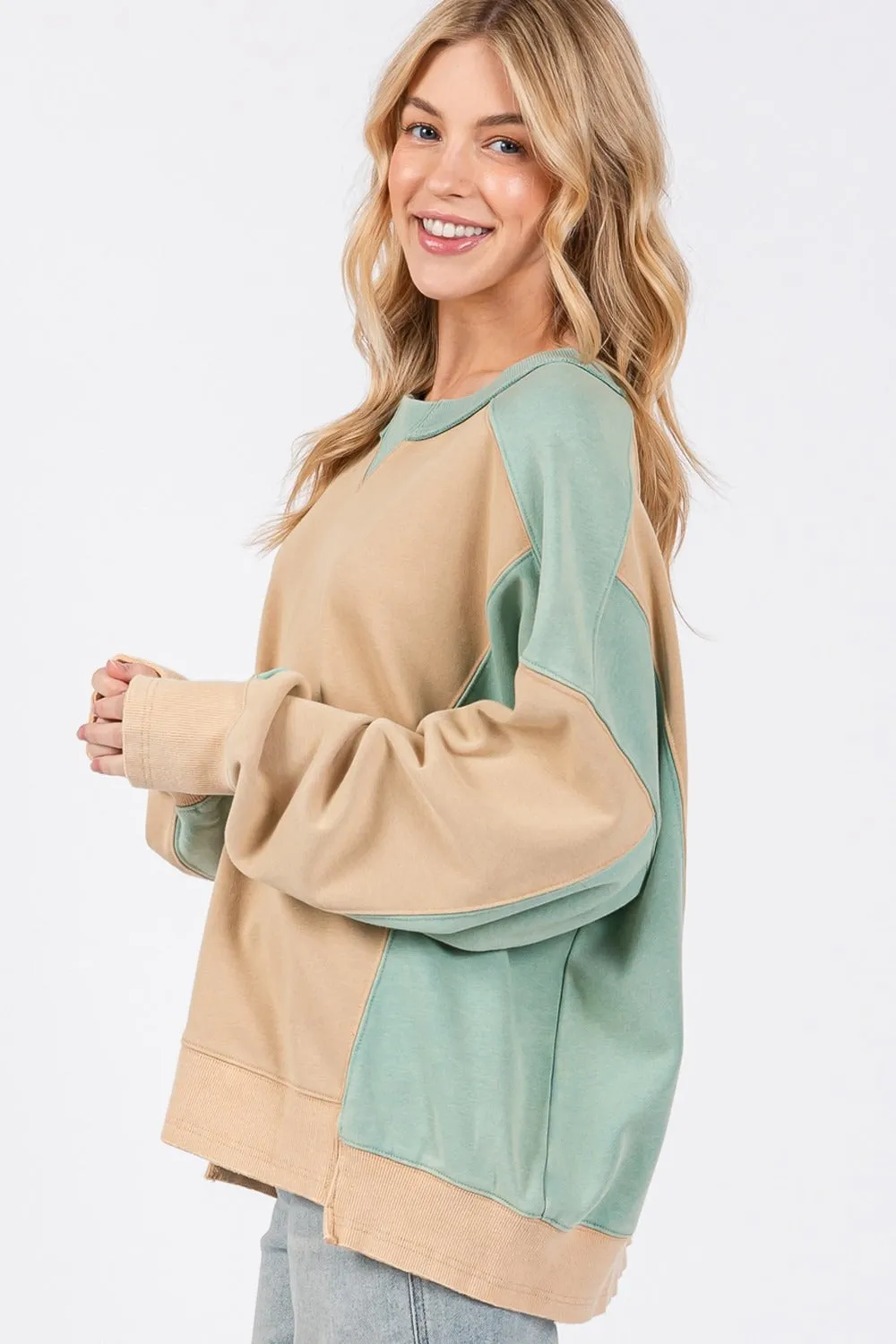 SAGE   FIG Color Block Round Neck Sweatshirt