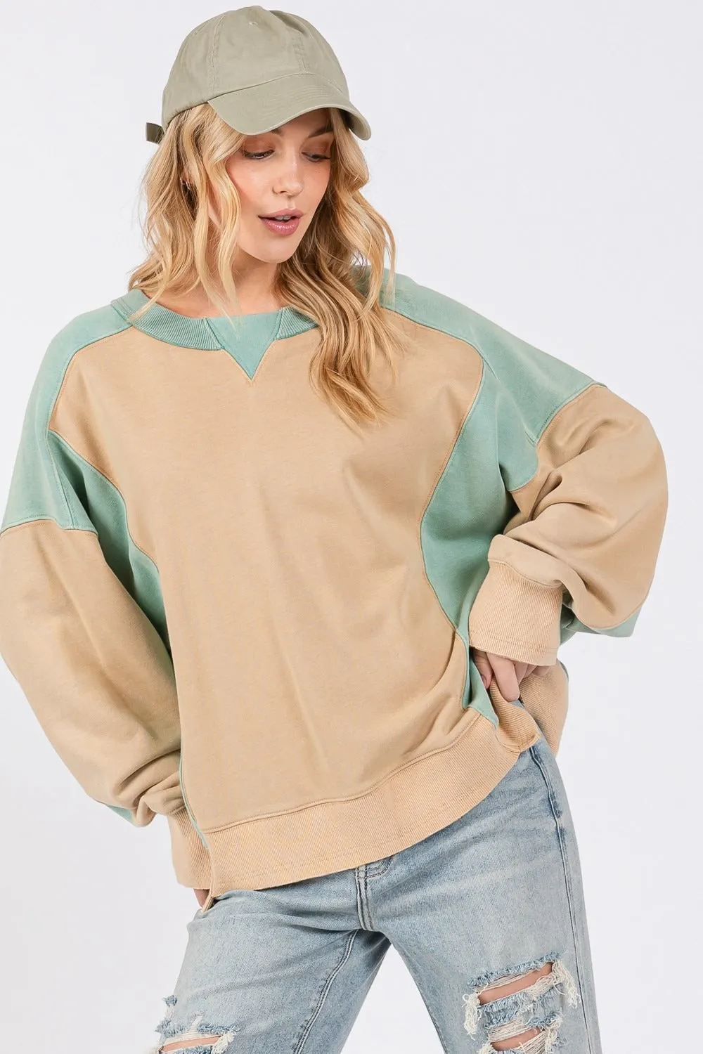 SAGE   FIG Color Block Round Neck Sweatshirt