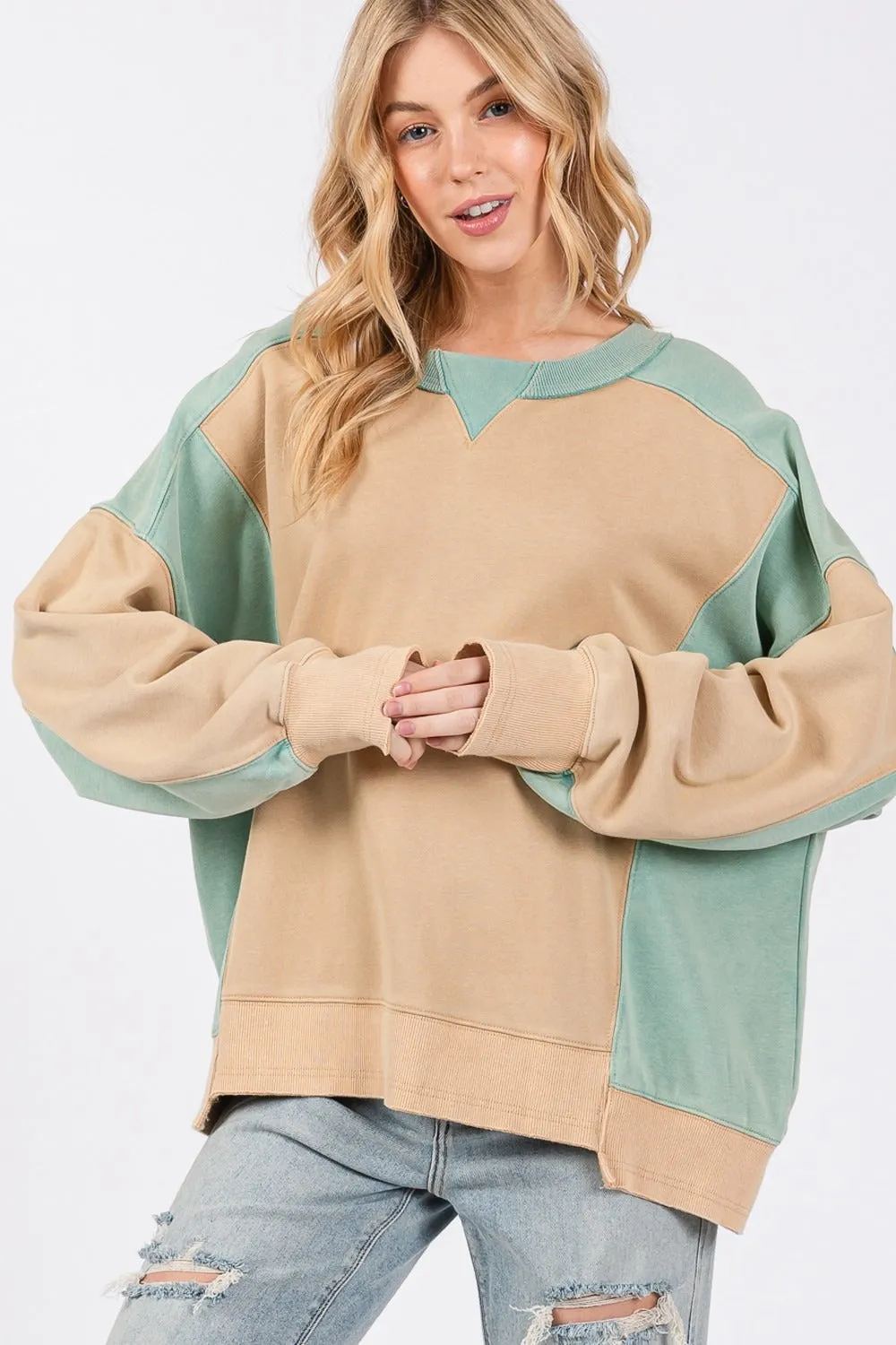 SAGE   FIG Color Block Round Neck Sweatshirt