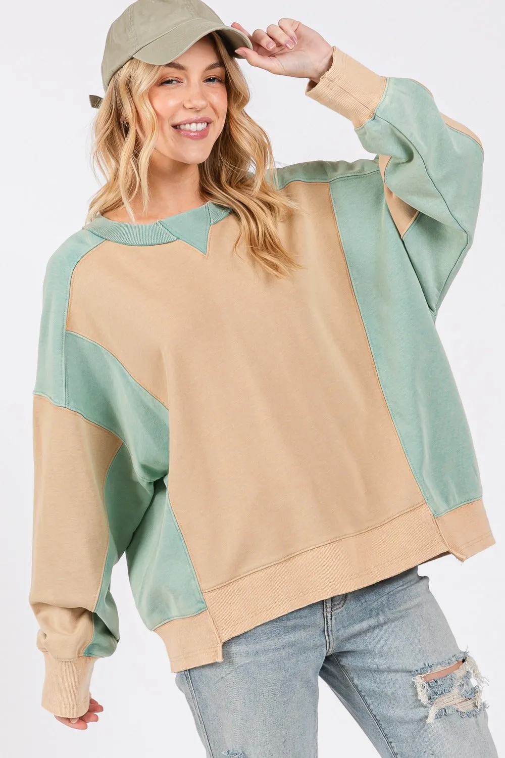 SAGE   FIG Color Block Round Neck Sweatshirt