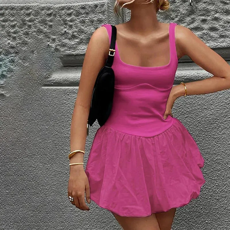 Sleeveless Beach Folds Waist Patchwork Fit New 2024 A-Line Solid High Slim Dress