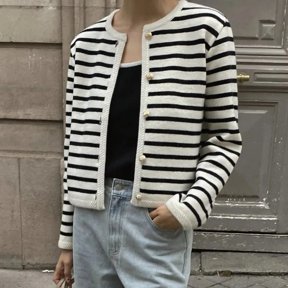 Toleet-Women Casual Striped Sweater 2024 Winter Fashion Single Breasted Knit Short Cardigan Female Elegant O-neck Pullover Sweater