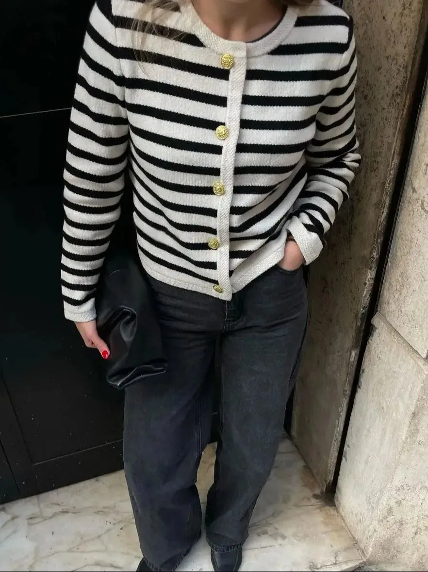 Toleet-Women Casual Striped Sweater 2024 Winter Fashion Single Breasted Knit Short Cardigan Female Elegant O-neck Pullover Sweater