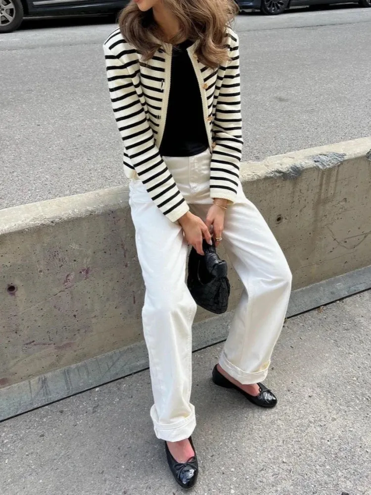 Toleet-Women Casual Striped Sweater 2024 Winter Fashion Single Breasted Knit Short Cardigan Female Elegant O-neck Pullover Sweater
