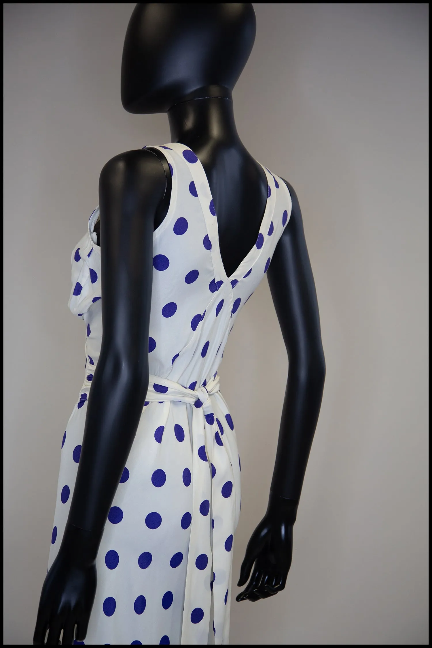 Vintage 1980s Blue Polka Dot Bias Cut Dress