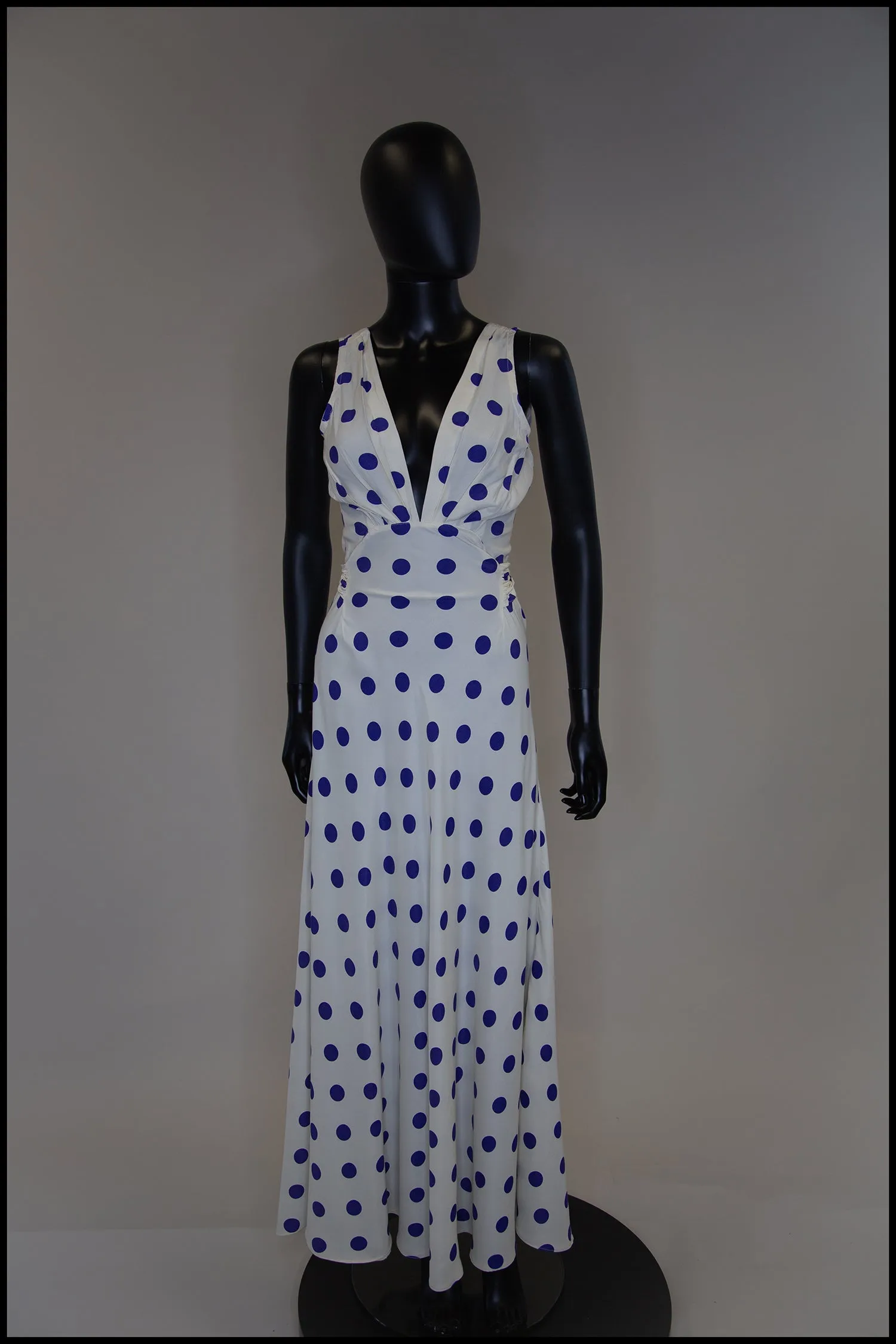 Vintage 1980s Blue Polka Dot Bias Cut Dress