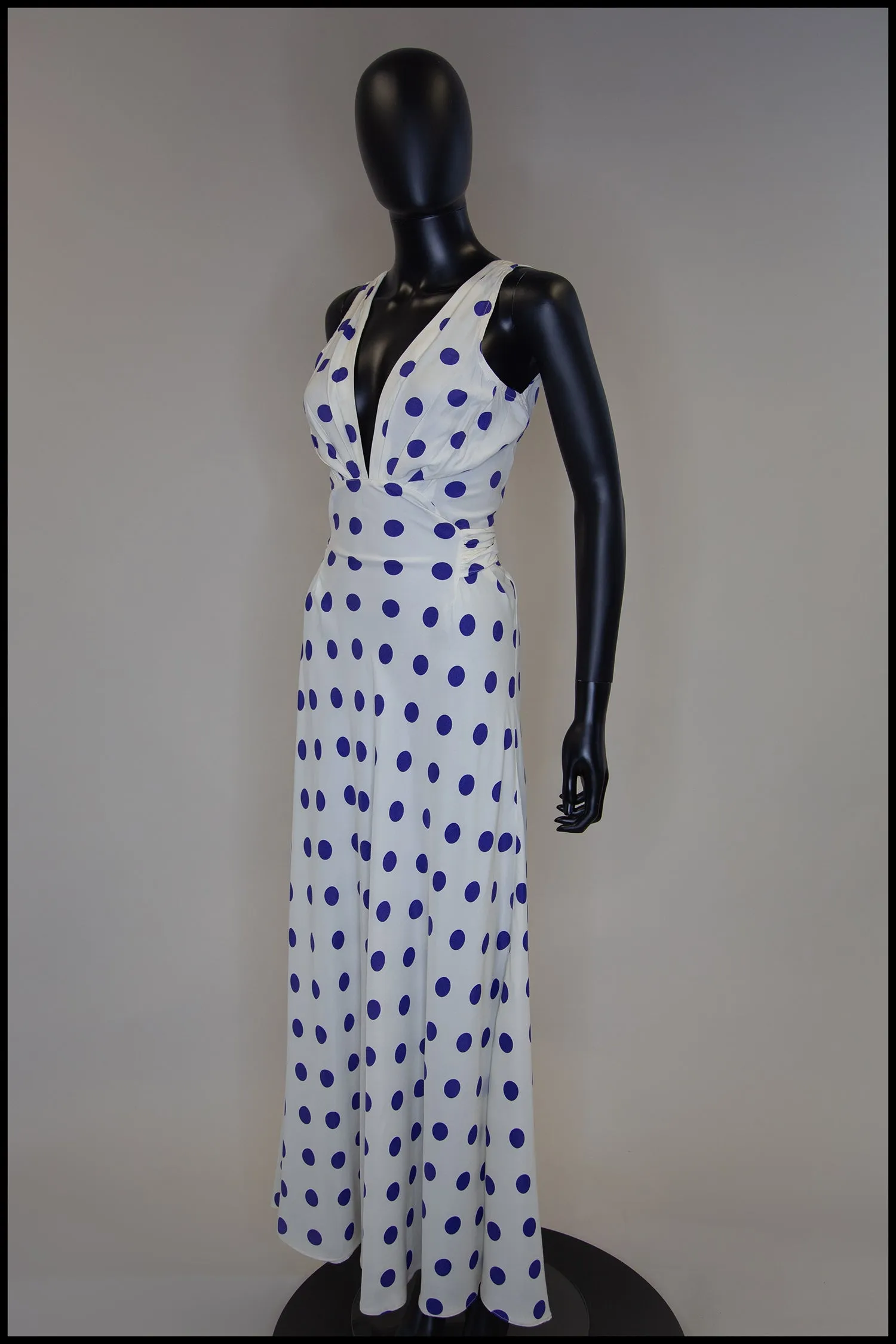 Vintage 1980s Blue Polka Dot Bias Cut Dress