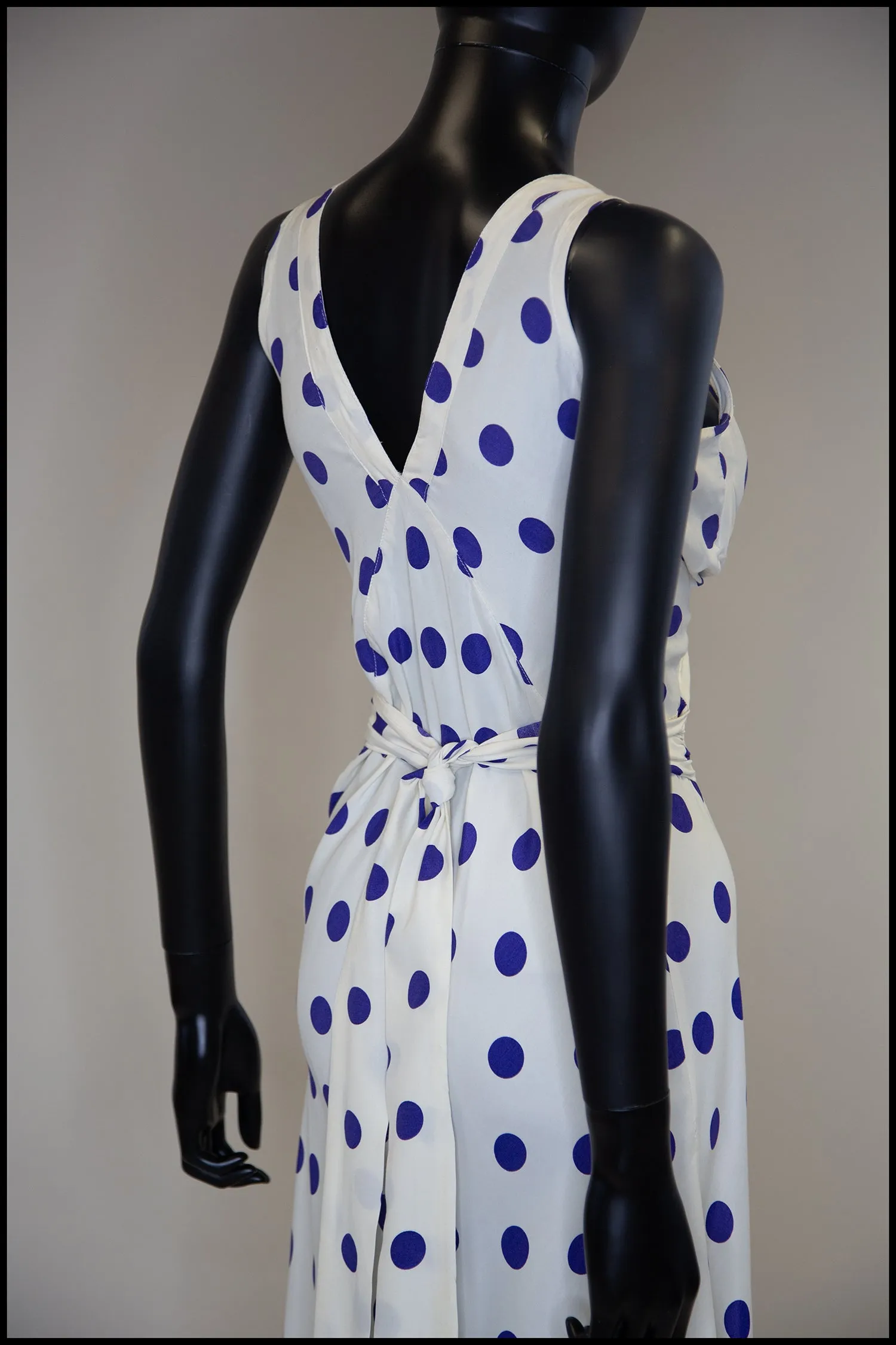 Vintage 1980s Blue Polka Dot Bias Cut Dress