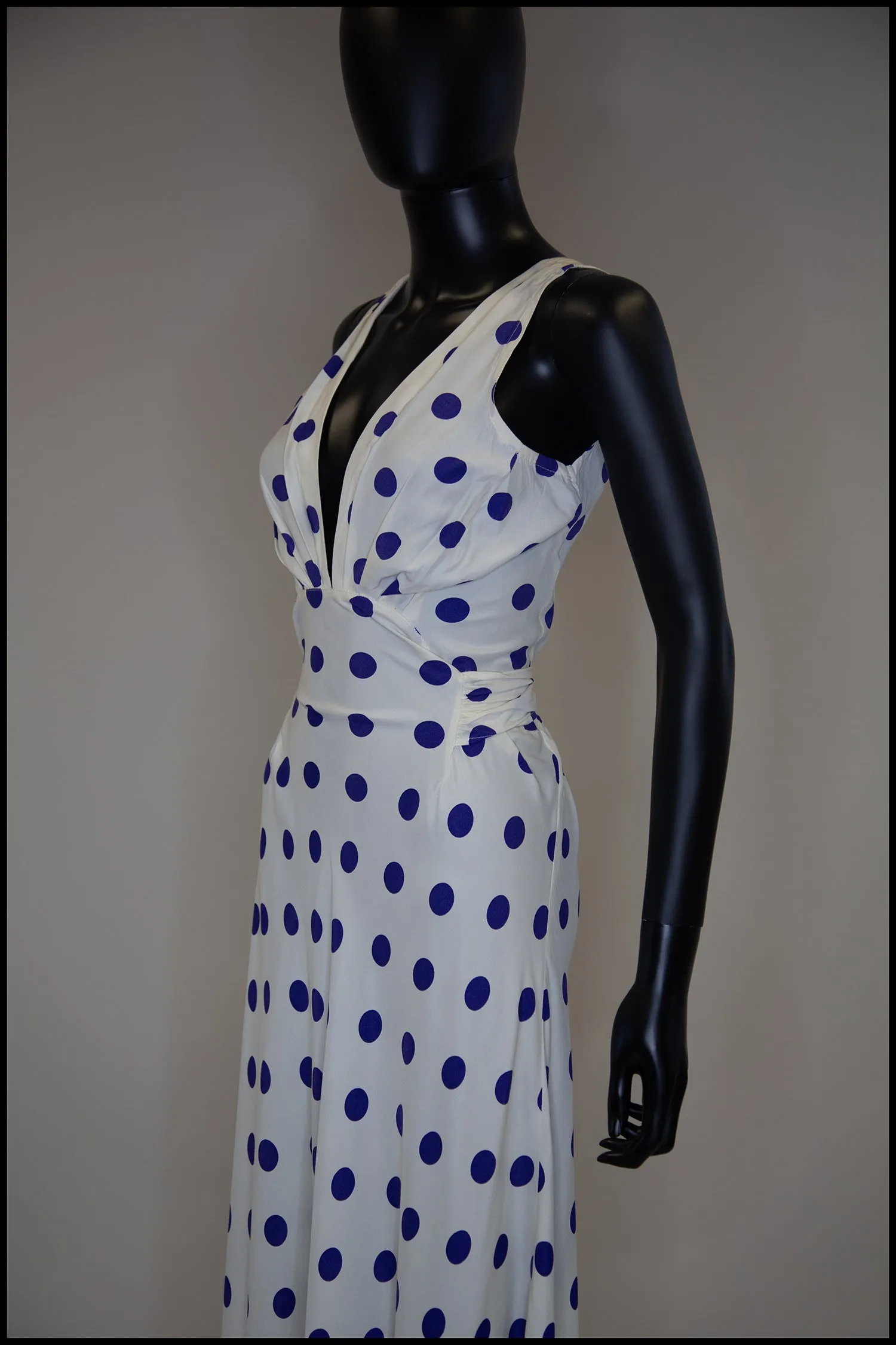 Vintage 1980s Blue Polka Dot Bias Cut Dress