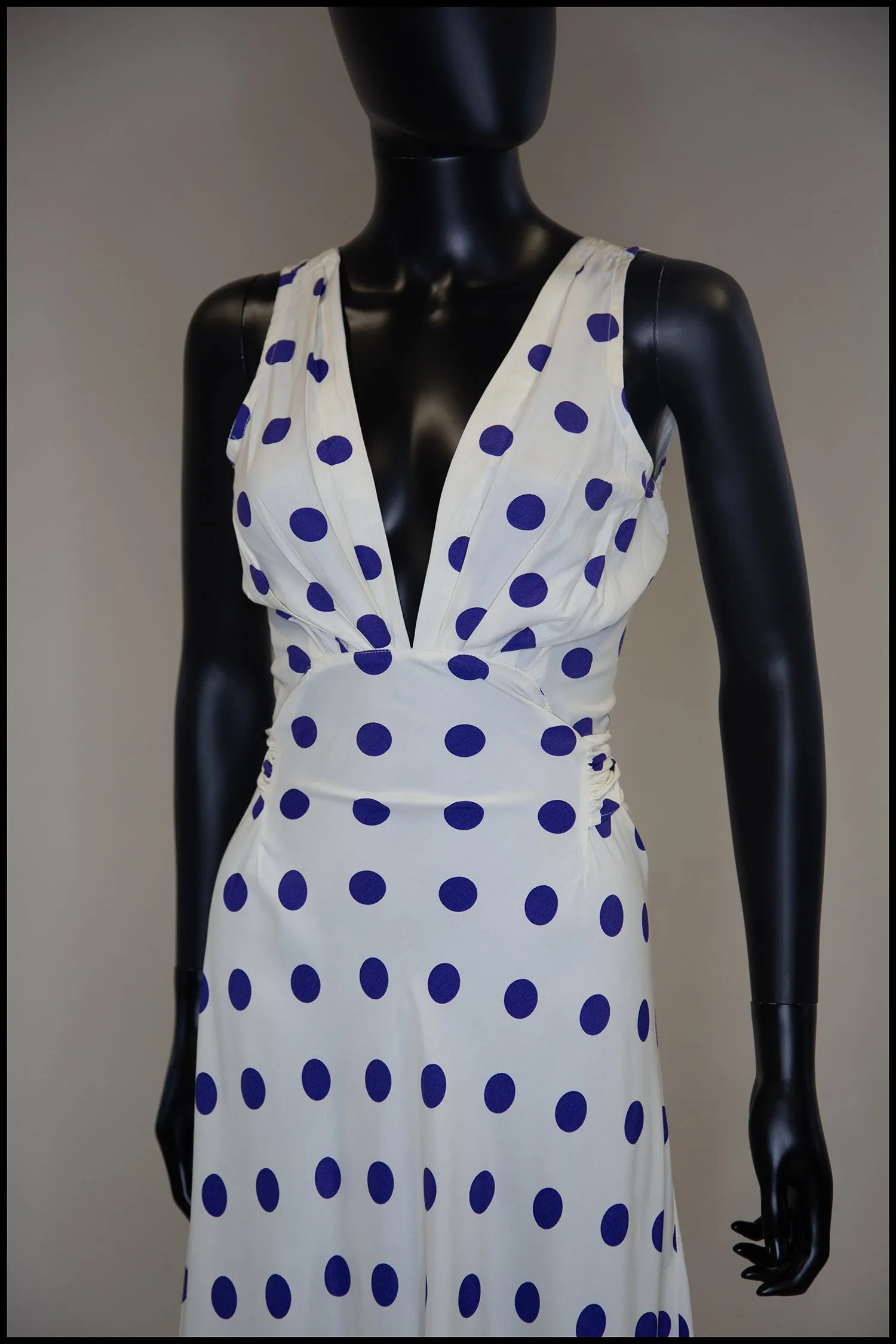 Vintage 1980s Blue Polka Dot Bias Cut Dress