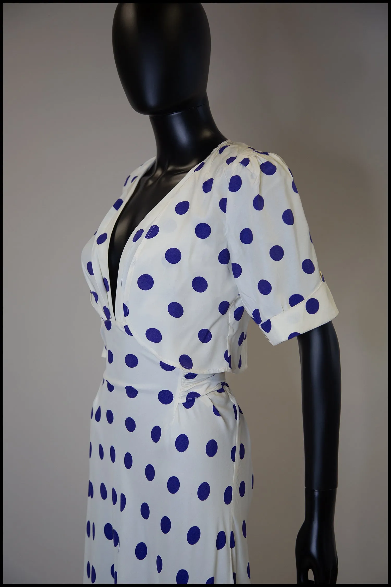 Vintage 1980s Blue Polka Dot Bias Cut Dress
